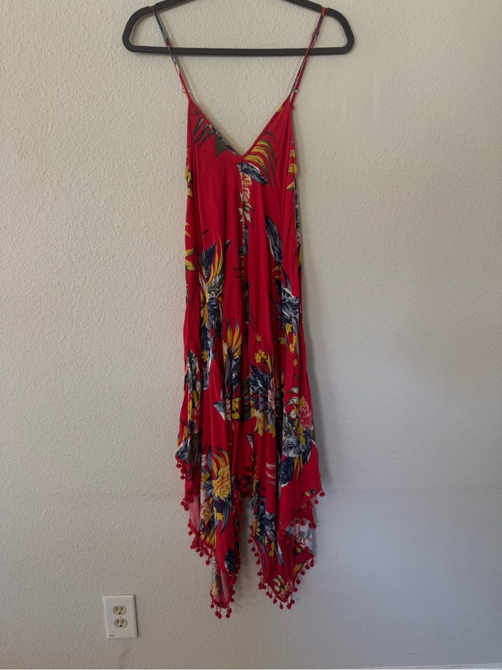 Tropical Red Asymmetrical Handkerchief Hem Sundress